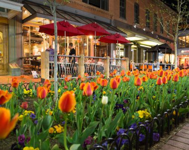 Boulder, Colorado - 27 Nisan 2018: Gece sahne boyunca insanlar, Lale ve ışıklar şehir Boulder Colorado popüler Pearl Street alışveriş merkezi 