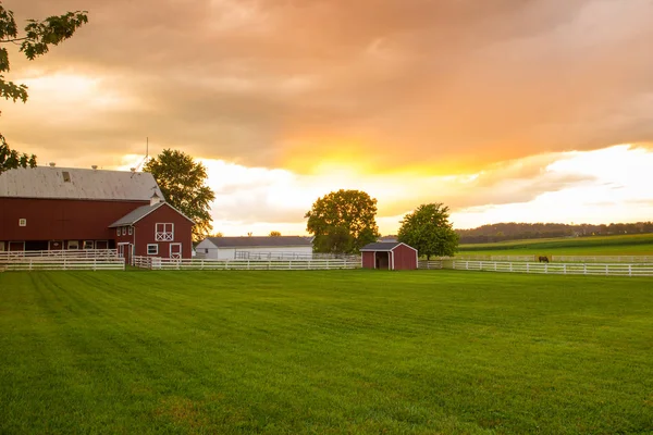 Amish Farm Avec Coucher Soleil Coloré Pennsylvanie Pays Bas — Photo