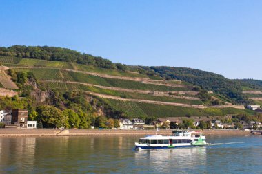 Beautiful scenic German landscape of village and tiered vineyard along the Rhine River with river cruise ship in view.