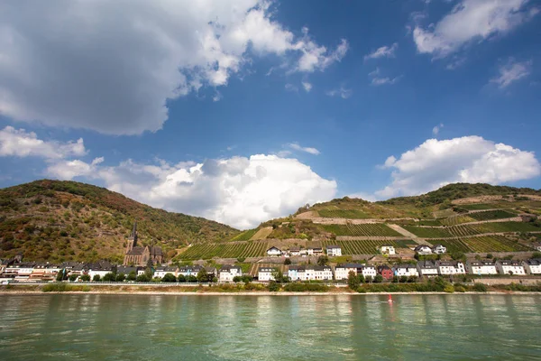 Beautiful German Landscape Tiered Vineyard Village Seen Middle Rhine River — Stockfoto