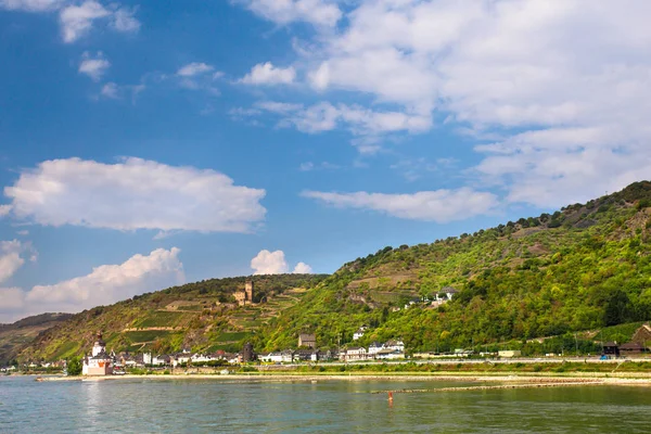 Beautiful German Landscape Tiered Vineyard Village Seen Middle Rhine River — 스톡 사진