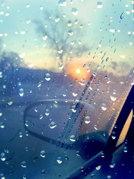 Defocused Blur Car Window Raindrops Wet Winter Day Sunset — 스톡 사진