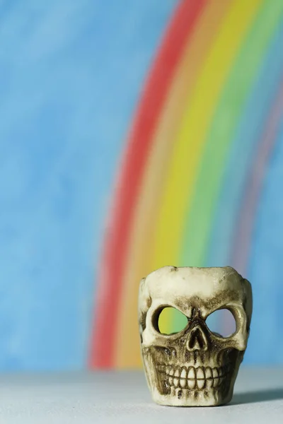 Human skull with a blue sky and rainbow background