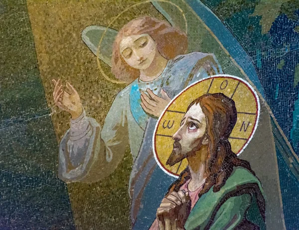 The image of Jesus Christ on the fresco Church of the Savior on — Stockfoto