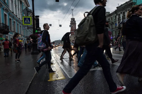 stock image street scene with people walking along the avenue in Saint Peter