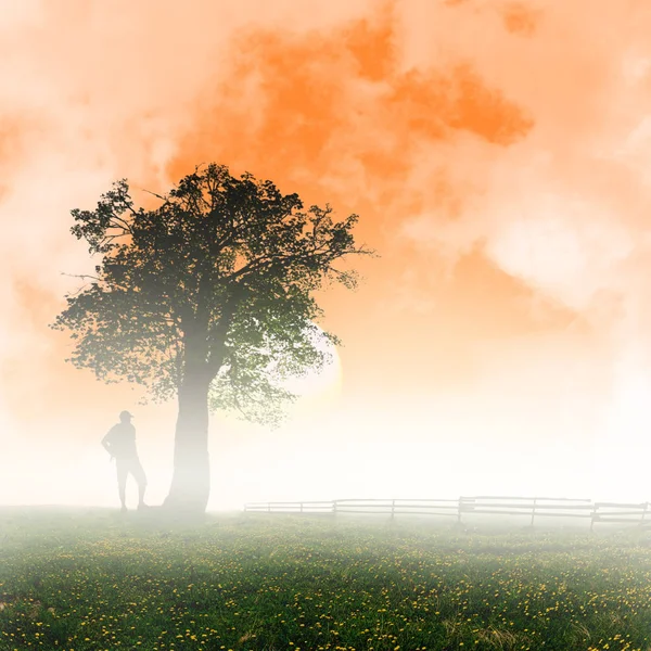 Silhouette di turista e un bellissimo paesaggio — Foto Stock