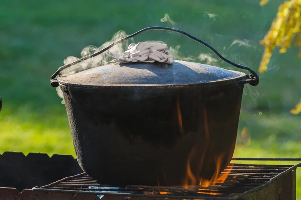 Μαγείρεμα Στη Φύση Καζάνι Φωτιά Στο Δάσος — Φωτογραφία Αρχείου