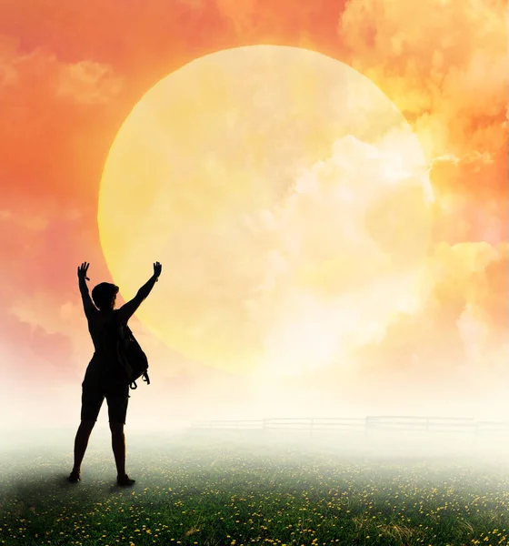 Female Silhouette Background Amazing Sunset — Stock Photo, Image