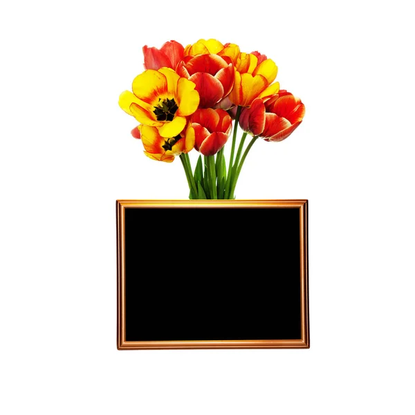 A photo frame on a bouquet of colorful tulips with a place to place your text — Stock Photo, Image
