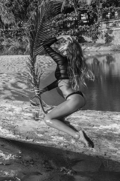 Sexig kvinna med konstnärliga palm tree blad skugga mönster på kroppen — Stockfoto