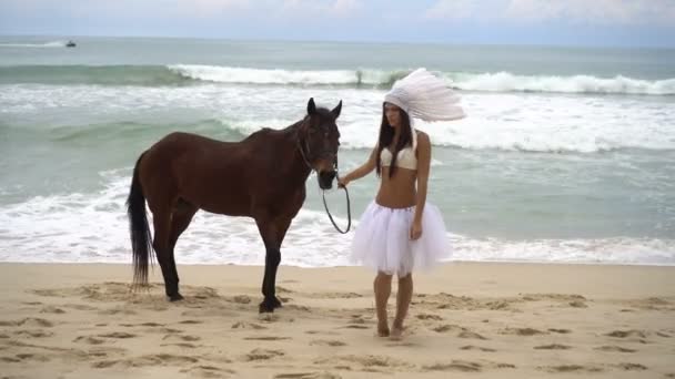 Mujer con caballo marrón en la playa — Vídeos de Stock