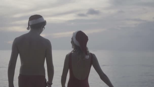 Couple portant un chapeau de Père Noël à la plage — Video