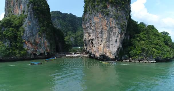 Aerial view of James Bond island and beautiful limestone rock formations in the sea — Stock Video