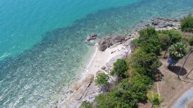 Deniz kıyısı ve palmiye ağaçlı adanın havadan görünüşü