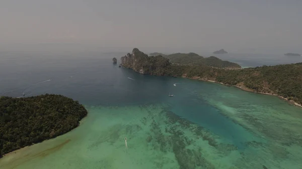 Aerial drone photo of sea and coastline from iconic tropical beach of Phi Phi island, Thailand — Stock Photo, Image