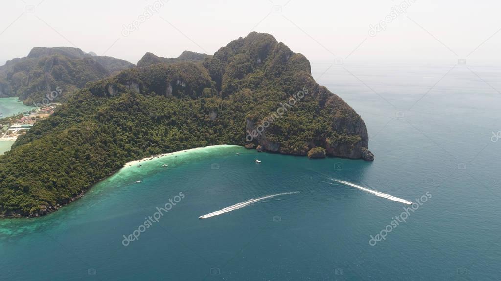 Aerial drone photo of Yong Kasem Bay (called Monkey beach), part of iconic tropical Phi Phi island, Thailand