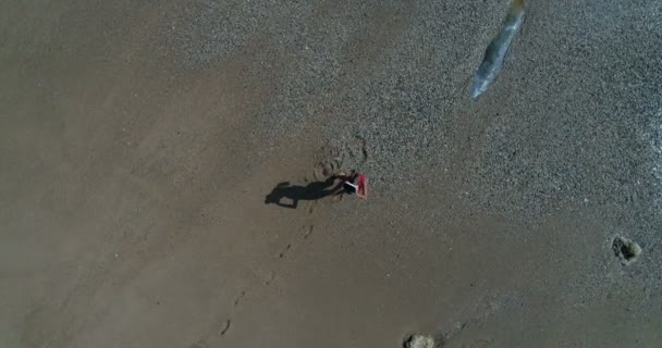 Vrouw maakt gebruik van virtual reality bril op het strand — Stockvideo