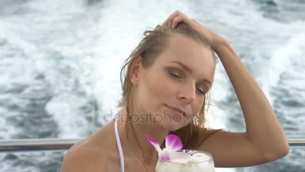 Happy pretty woman on yacht cruise — Stock Video