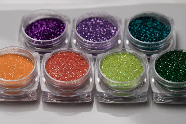 Set of colorful nail makeup glitter — Stock Photo, Image