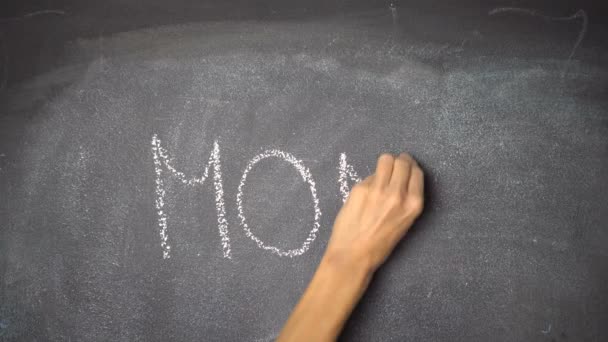 Hand writing "MOM, DAD, FAMILY" on black chalkboard — Stock Video