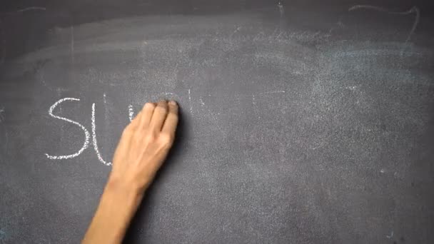 Hand writing "SUCCESS" on black chalkboard — Stock Video