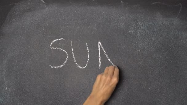 Hand writing "SUN, RAIN, SNOW" on black chalkboard — Stock Video