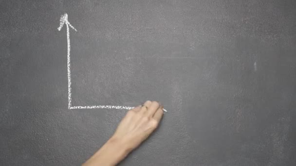 Hand drawing line chart showing increase with smiling face and Bitcoin symbol on black chalkboard — Stock Video