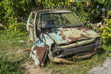 Paslı arabasını tropikal palmiye ağaçları terk edilmiş