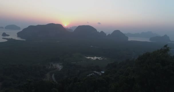 Aerial Drönarvy Solnedgång Tropiska Phang Nga Bay Thailand — Stockvideo