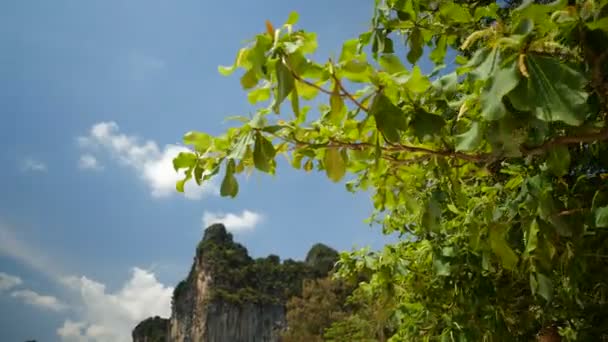 Hermosa Piedra Caliza Sobre Fondo Azul Cielo Verano Vista Inferior — Vídeo de stock