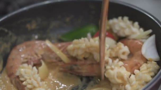 Closeup Frying Pan Cooking Fresh Seafood Vegetables Sauce Video Slow — Stock Video