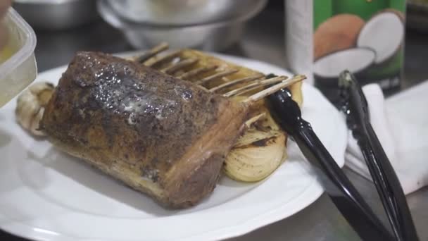 Closeup Chef Hands Putting Butter Top Prepared Grilled Rib Dish — Stock Video