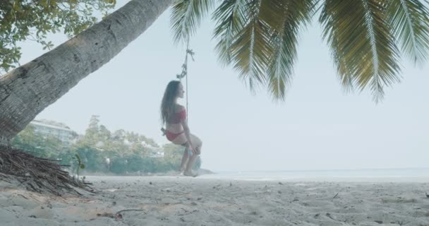 Schönes Mädchen Entspannt Sich Auf Der Schaukel Strand Schönes Junges — Stockvideo