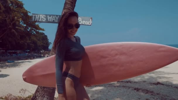 美丽的年轻女孩与冲浪板在夏天假期 快乐的年轻女子泳装和太阳镜漫步在阳光明媚的夏日 在棕榈树和天空背景 视频慢动作 — 图库视频影像