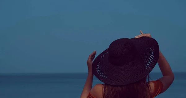 背面海と空の背景の上の熱帯のビーチで夏の休暇中に太陽の下でリラックスした帽子の女の子の頭の図 — ストック写真