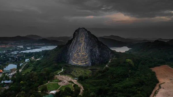 Aerial View Carved Buddha Image Gold Cliff Khao Chee Chan — Stock Photo, Image
