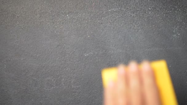Sticky Note Blackboard Closeup Woman Hand Sticking Note Letter Blackboard — стоковое видео