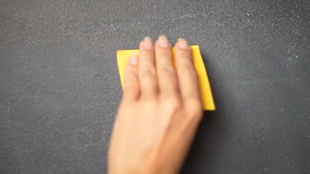 Sticky Note Blackboard Closeup Woman Hand Sticking Note Letter Blackboard — стоковое видео