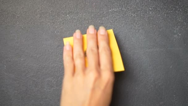 Sticky Note Blackboard Closeup Woman Hand Sticking Note Letter Blackboard — Stock Video