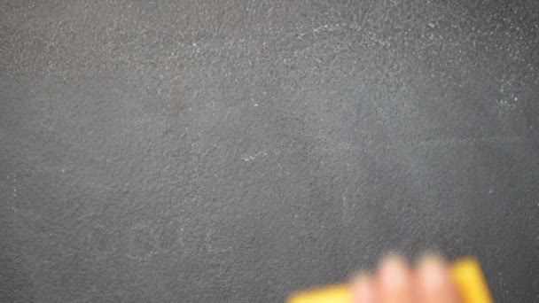 Sticky Note Blackboard Closeup Woman Hand Sticking Note Letter Blackboard — стоковое видео