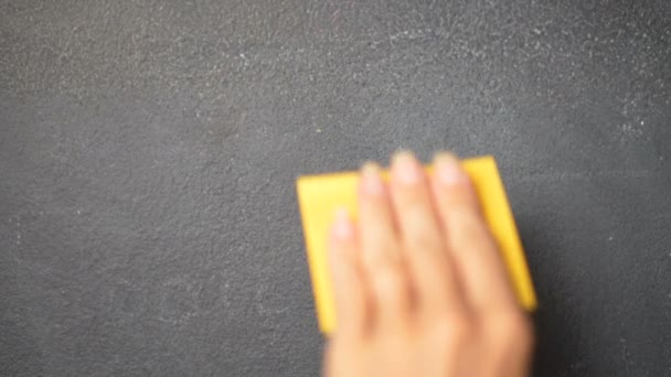 Sticky Note Blackboard Closeup Woman Hand Sticking Note Letter Blackboard — Stock Video