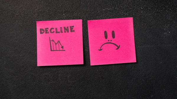 Sticky Notes Sad Face Icon Next Decline Word Blackboard — Stock Photo, Image
