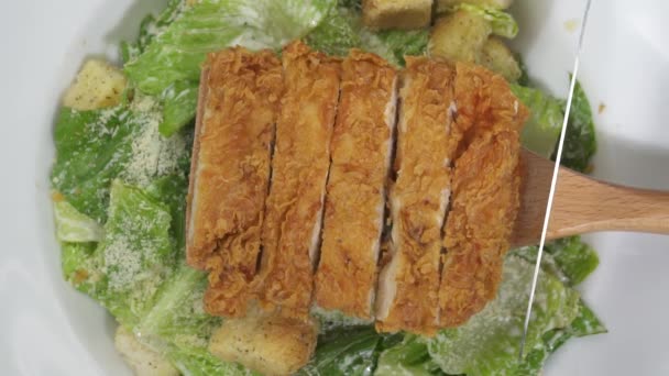 Chicken Salad Preparation Top View Closeup Shot Putting Catted Breaded — Stock Video