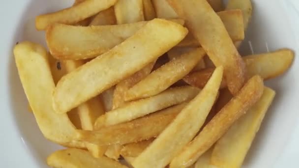 Delicious French Fries White Plate Spinning Shot Top View Closeup — Stock Video