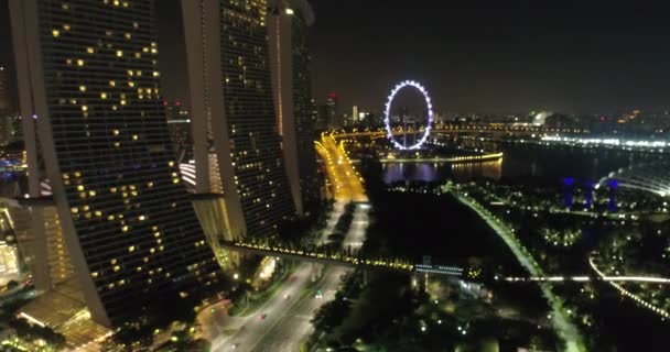 Luchtfoto Van Singapore Nacht Luchtfoto Drone Uitzicht Singapore Marina Bay — Stockvideo