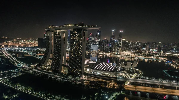 Luchtfoto Drone Weergave Van Singapore Marina Bay Nachts Singapore — Stockfoto