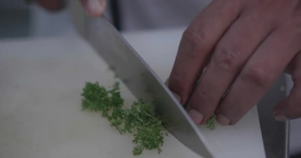 Zeitlupe Großaufnahme Von Menschenhänden Die Der Restaurantküche Frische Petersilie Schneiden — Stockvideo