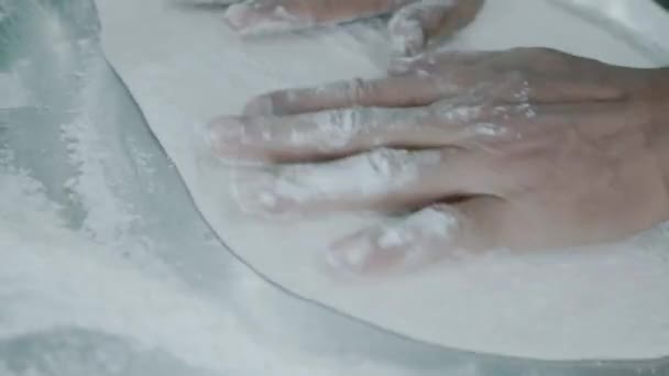 Slow Motion Closeup Male Hands Kneading Pizza Dough Flour Restaurant — 비디오