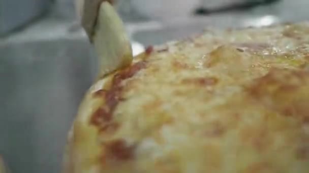 男性の手シェフのスローモーションクローズアップレストランキッチンでピザの端にオリーブオイルを広げる — ストック動画