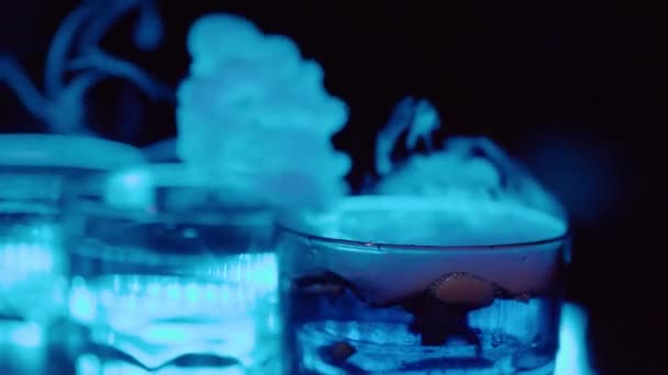 Slow Motion Glasses Steam Dry Ice Bar Night Club — Stock Video